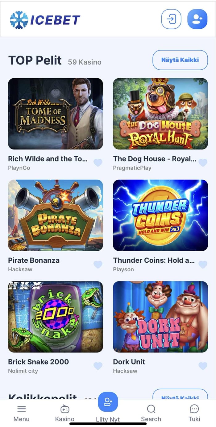 Icebet kasinon suosituimmat pelit -näkymä mobiililaitteella.