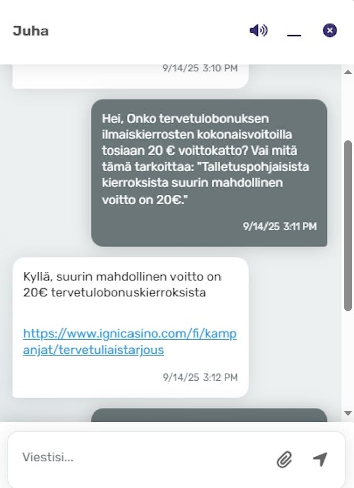 IGni Casinon live chat vastaa suomeksi