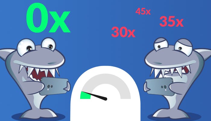 Kaksi kasinohaita pelaamassa: toinen on iloinen 0x kierrätysvaatimuksella, toinen surullinen ja ympärillä kierrätysvaatimuksia kuten 30x ja 35x.