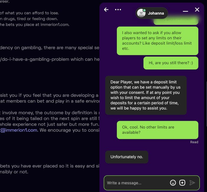 Olin yhteydessä Immerion Casinoon live-chatilla ja sain asiakaspalvelua englanniksi.