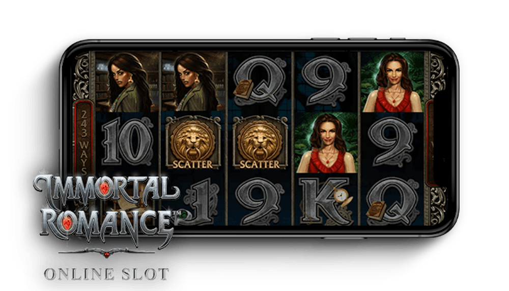 Immortal Romance slotin logo ja peliruudukko puhelimen näytöllä.