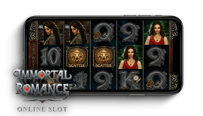 Immortal Romance slotin logo ja peliruudukko puhelimen näytöllä.