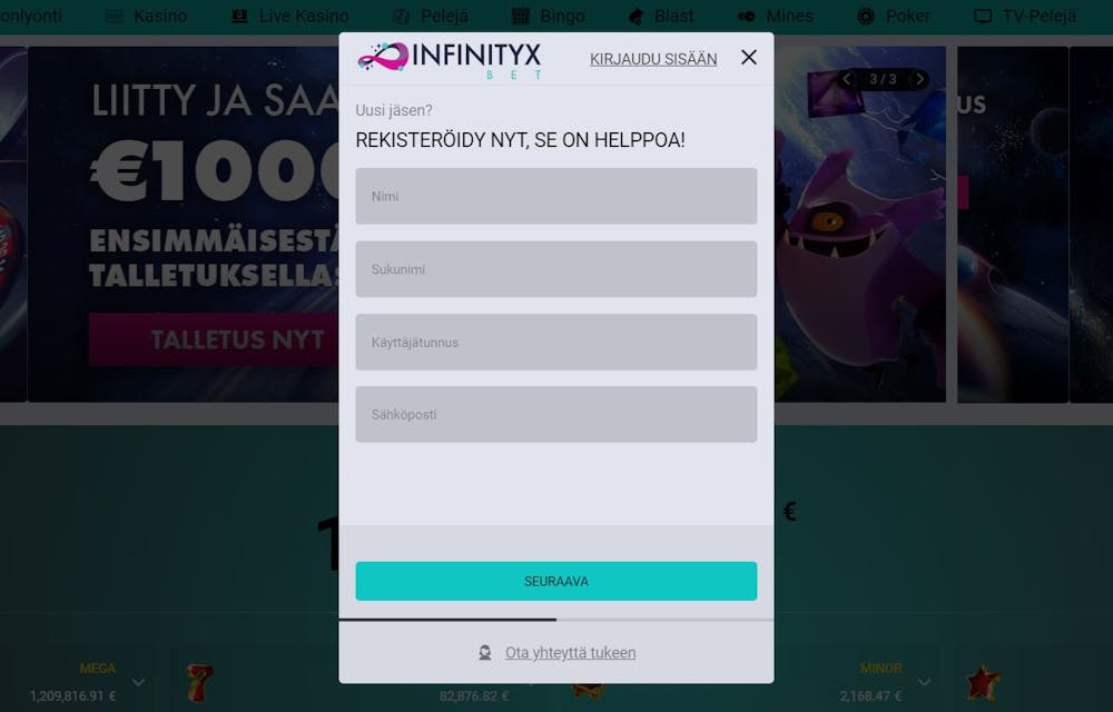 Rekisteröi uusi tili InfinityX Casinolle