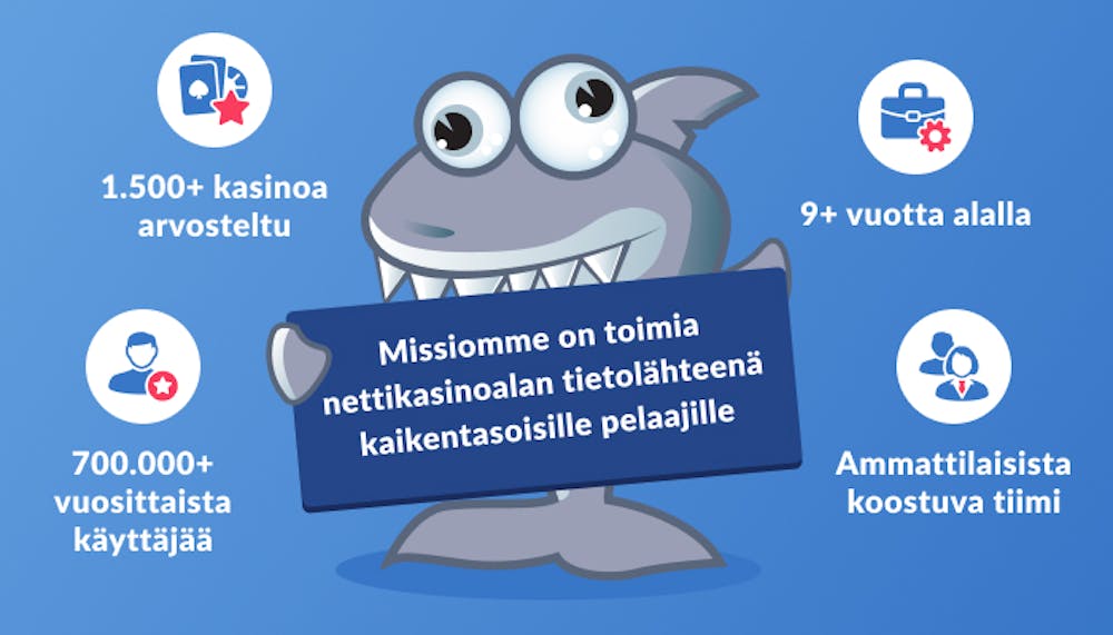 Kasinohai näyttää syyt siihen, miksi Kasinohaihin voi luottaa. Syitä ovat esimerkiksi ammattilaisista koostuva tiimi ja 700 000+ vuosittaista käyttäjää.