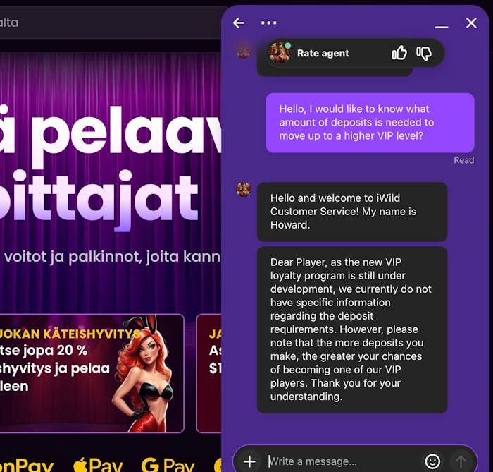 Keskustelu iWild Casinon live-chatissa VIP-ohjelmaa koskien