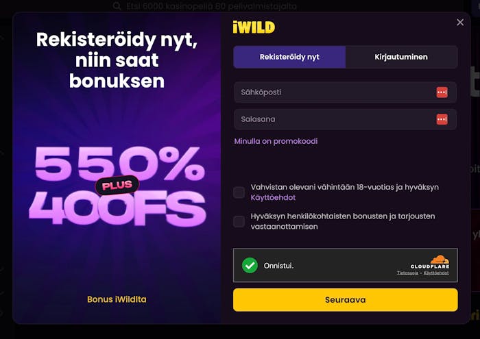 Rekister?itymislomake iWild Casinolla