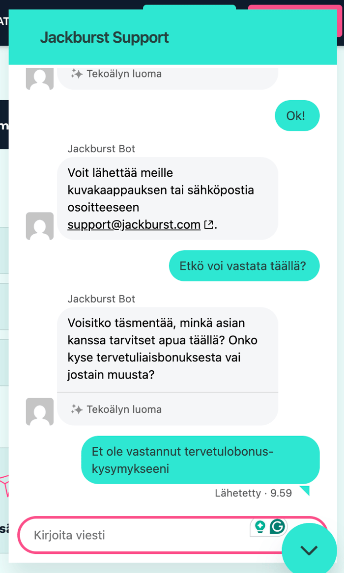 Jackburst asiakaspalvelu ei vastaa loppujen lopuksi ollenkaan