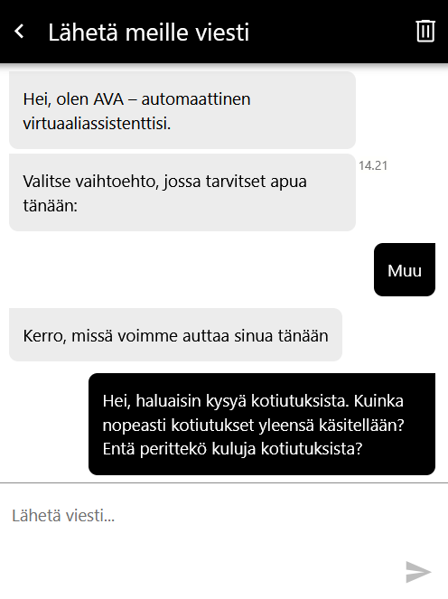JackpotCity Casinon asiakaspalvelun chatrobotti AVA vastaa asiakkaan kysymyksiin.