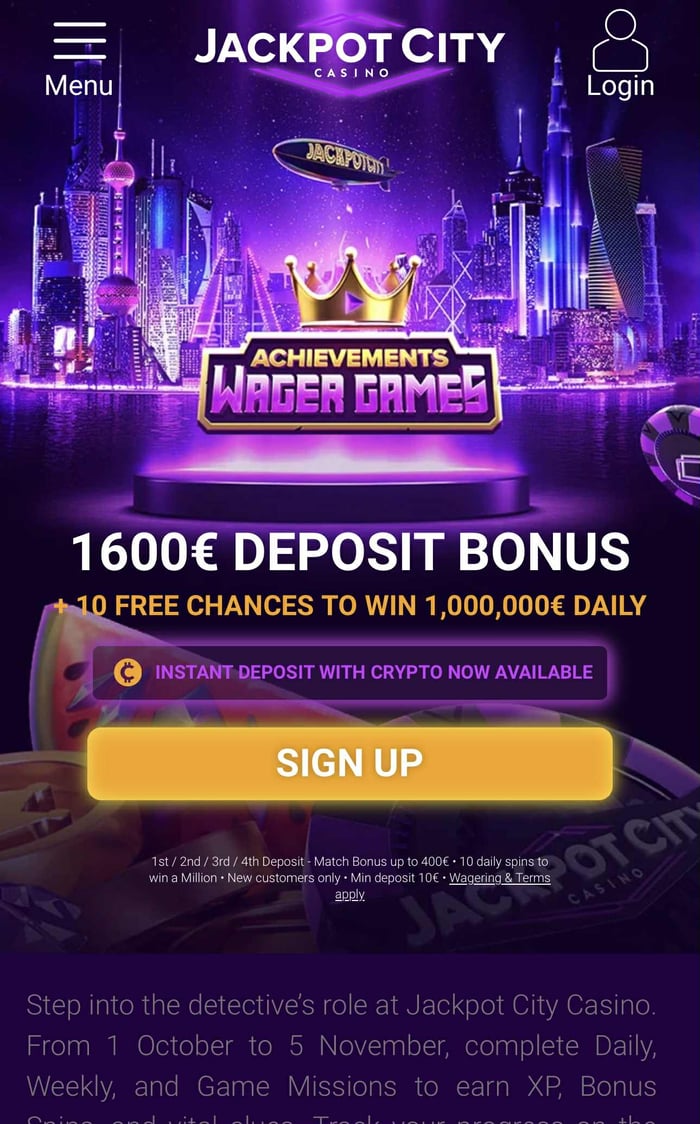 JackpotCity casinon etusivun mobiilinäkymä, jossa on esillä tervetuliaisbonus.