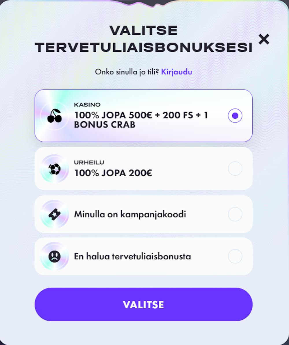 Jackpotfrenzylle rekisteröityessä voit valita, lunastatko tervetulotarjouksen vai jätätkö sen väliin.