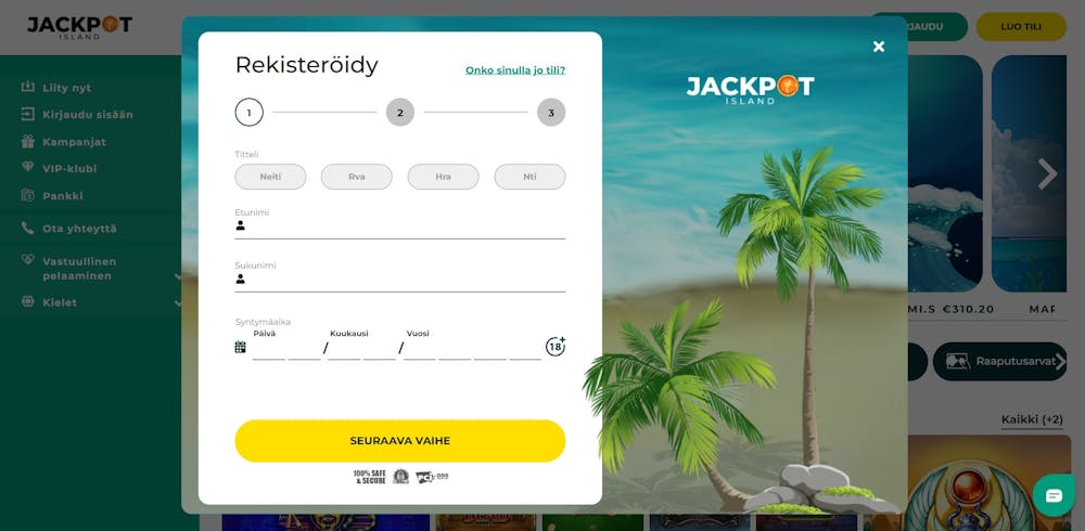 Jackpot island pelitilin avaaminen