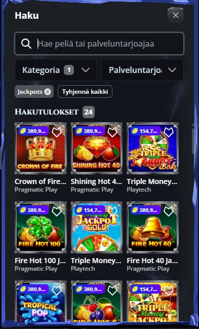 Thorfortunen hakutoiminto kategorioittain.