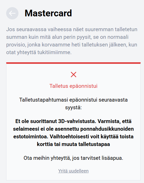 Jasmin Slotsin Mastercard-talletuksen epäonnistumisilmoitus, jossa syyksi kerrotaan puuttuva 3D-vahvistus ja suositellaan tarkistamaan ponnahdusikkunoiden esto.