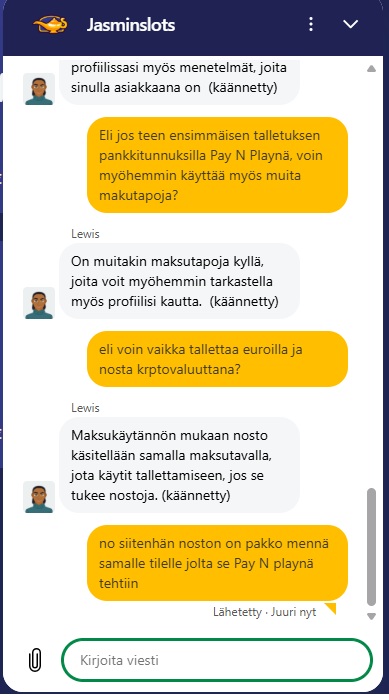 Jasmin Slots Casino live-chat kokemus oli pettymys - asiakaspalvelija ei vastannut kysymykseen nostorajoista.