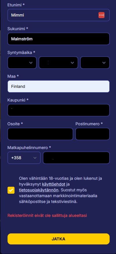Jasmin Slots Casino rekisteröinti ei onnistu Suomessa lomakkeella, vaan pankkitunnuksilla Trumon kautta.