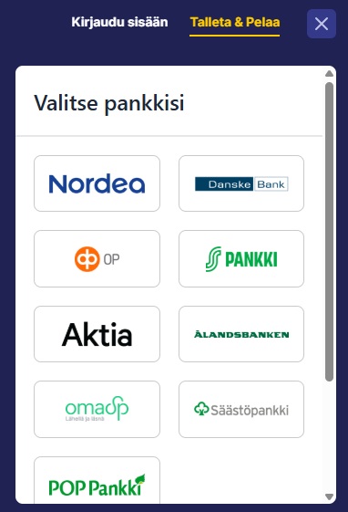 Jasmin Slots Casino Talleta ja Pelaa hyväksyy useita suomalaisia pankkeja, kuten Nordea, Op ja Aktia.