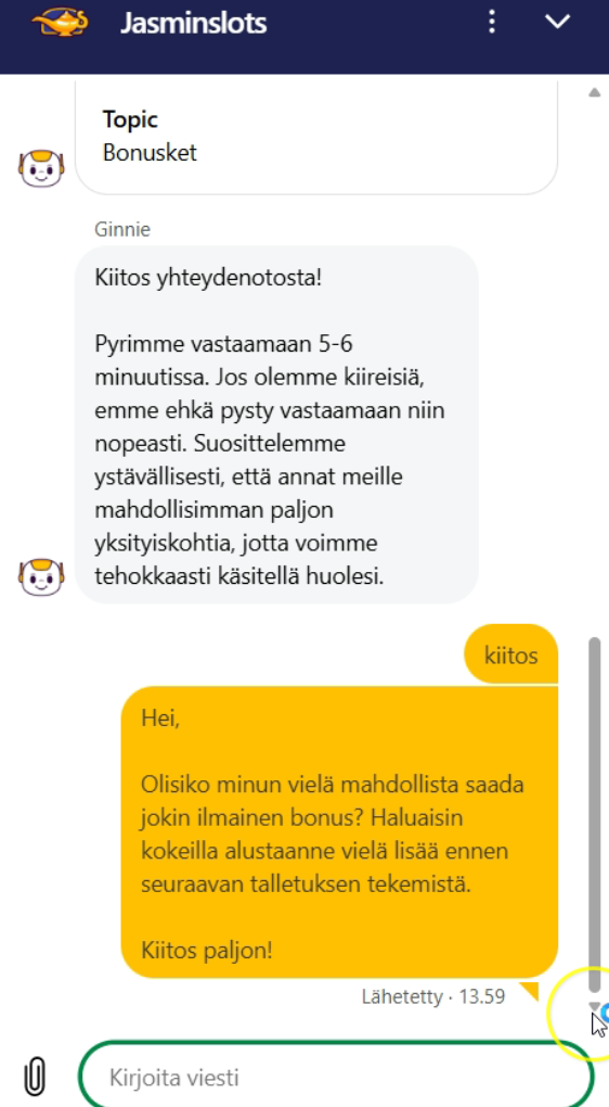 Jasmin Slotsin live chat -näkymä, jossa asiakas kysyy mahdollisuutta saada ilmainen bonus ennen seuraavaa talletusta.