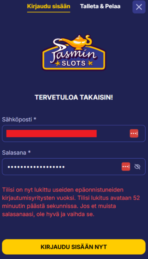 Jasmin Slotsin kirjautumisnäkymä, jossa tili on lukittu useiden epäonnistuneiden kirjautumisyritysten vuoksi 52 minuutiksi.