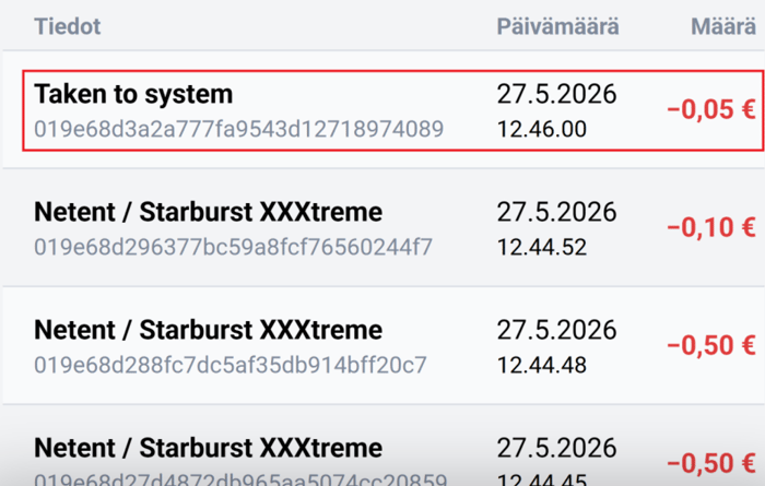 Jasmin Slotsin tapahtumahistoria, jossa tervetuliaiskasinopaketin jäljellä oleva 0,05 € bonus poistetaan järjestelmään Starburst XXXtreme -panostusten jälkeen.