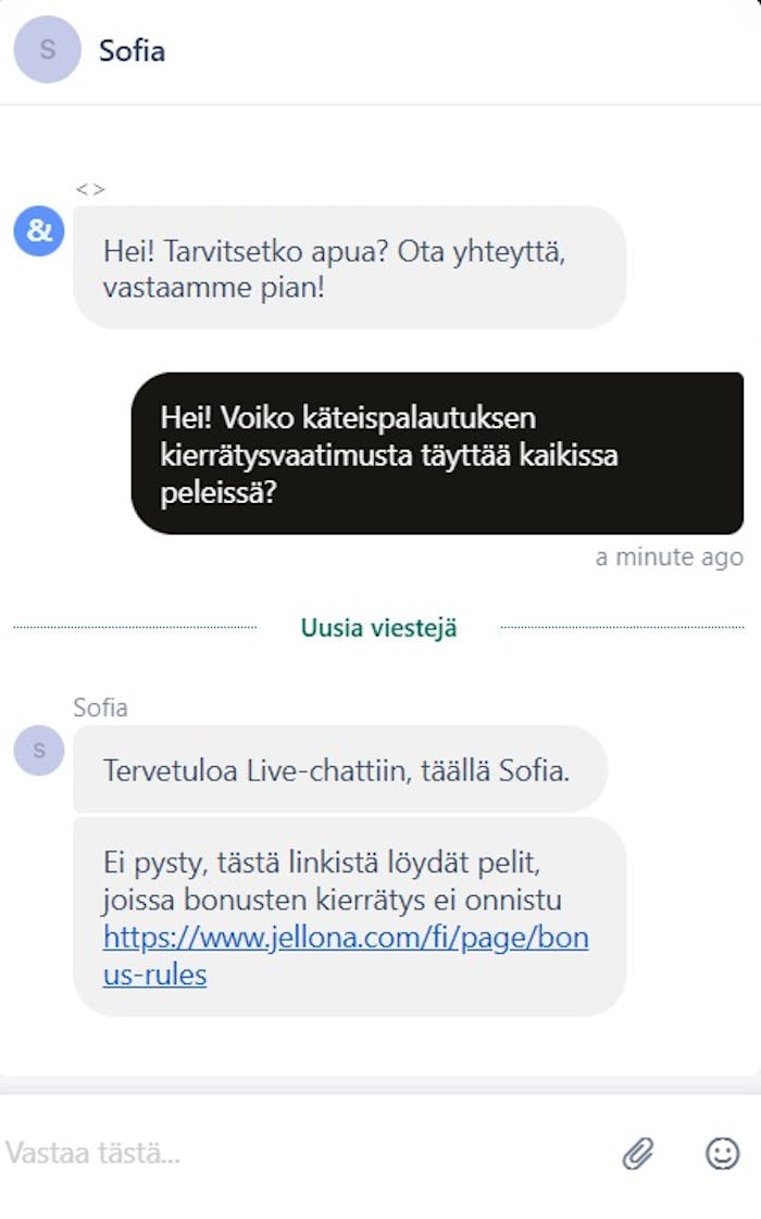 Jellona Casino live chat keskustelu Sofian kanssa cashbackin kierrättämiseen sopivista peleistä.