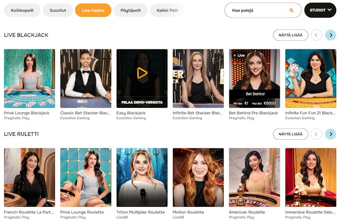 Jellona Casinolla on hyvä valikoima live-pelejä, kuten Privé Lounge Blackjack ja French Roulette.