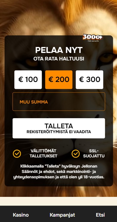 Jellona kasinon etusivun talletuslomake mobiilissa