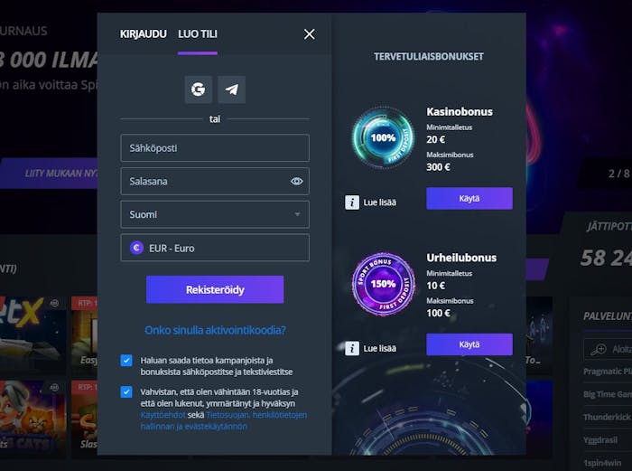Kuvasta näkyy Jet Casino bonus vaihtoehdot 