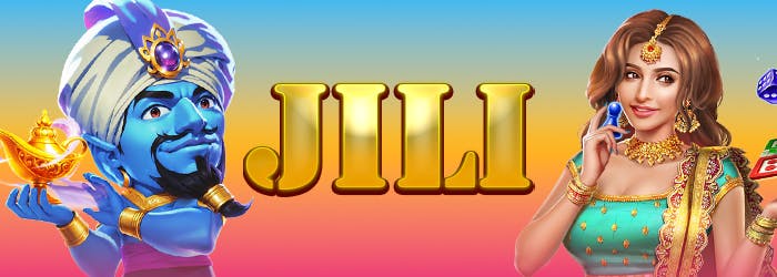 JILI pelivalmistajan logo ja kaksi erilaista pelihahmoa logon molemmilla puolilla.
