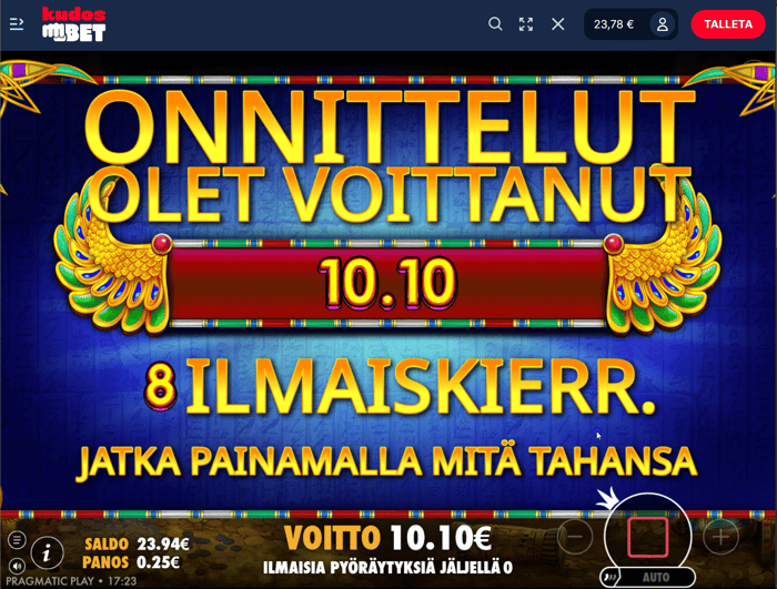 John Hunter and the Scarab Queen -pelissä saatu 10,10 euron voitto Kudos Betissä.