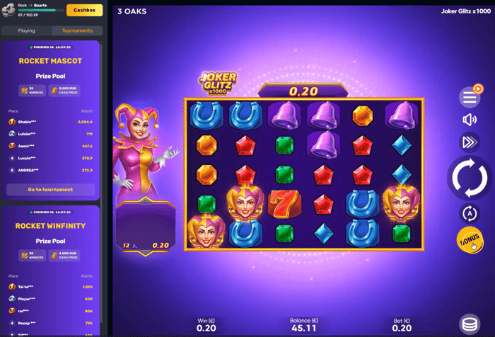 Joker Glitz pelin näkymä 0,20 euron voitolla.