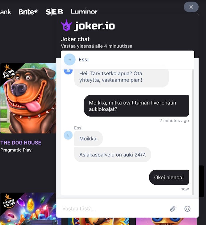 Keskustelu Jokeri.io Casinon live-chatissa