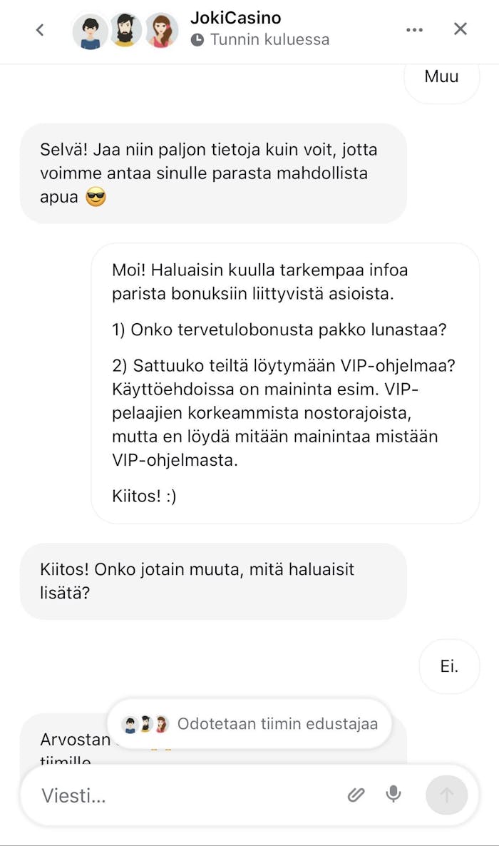 Joki Casinolla vastaa kohtelias asiakaspalvelu