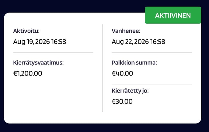 Joki Casinon kierrätysmittari näyttää, että vaatimuksesta on täynnä 30 € vaaditusta 1 200 eurosta.