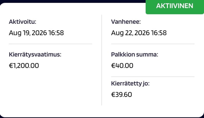 Joki Casinon kierrätysmittari on saldon loppuessa täyttynyt vasta 39,60 €, kun bonuksen vapauttaminen edellyttäisi 1200 euron kierrättämistä.