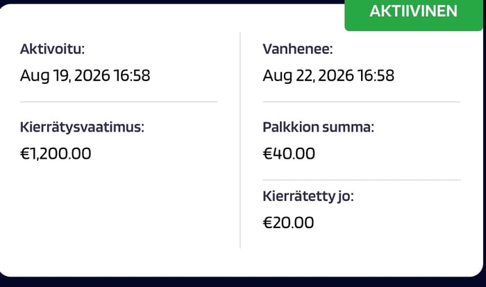 Joki Casinon kierrätysmittari näyttää, että kierrätyksestä on täytetty 20 €.