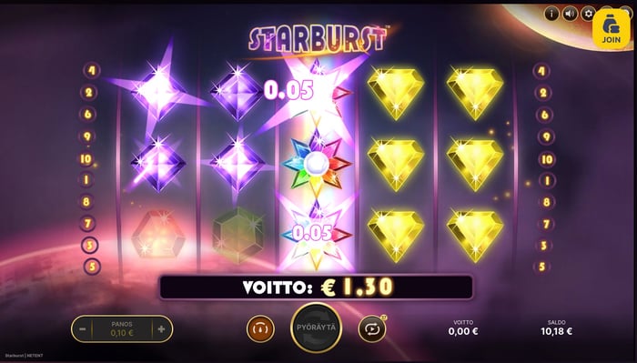 Joki Casinon Starburst-pelissä saatu 1,30 € voitto.