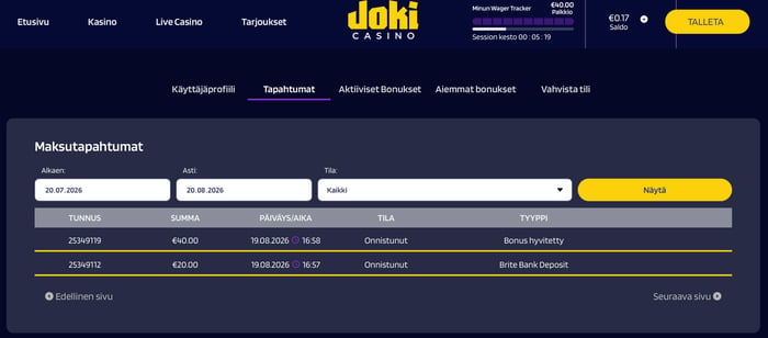 Joki Casinon tilitapahtumat, jossa näkyy talletukset, kotiutukset ja saadut bonukset.