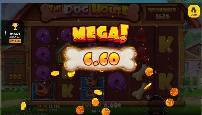 The Dog House Megaways -pelissä saatu 6,60 € voitto.