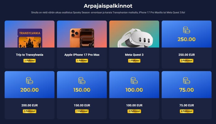 Joo Casinon arpajaispalkinnot sisältävät erilaisia tuotepalkintoja, kuten Apple iPhone 17 Pro Max.