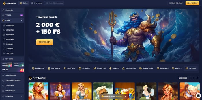 Joo Casino etusivu näyttää tervetulobonuksen 2000€ ja 150 ilmaiskierrosta.
