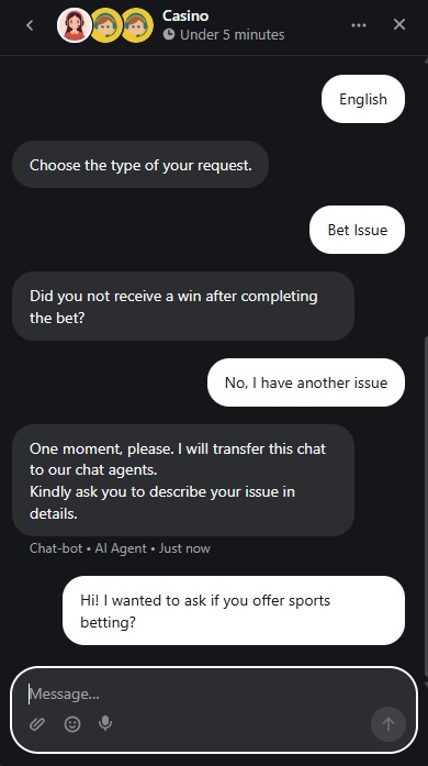 Joo Casinon live-chat bot vastaa vedonlyöntiä koskevaan kysymykseen.