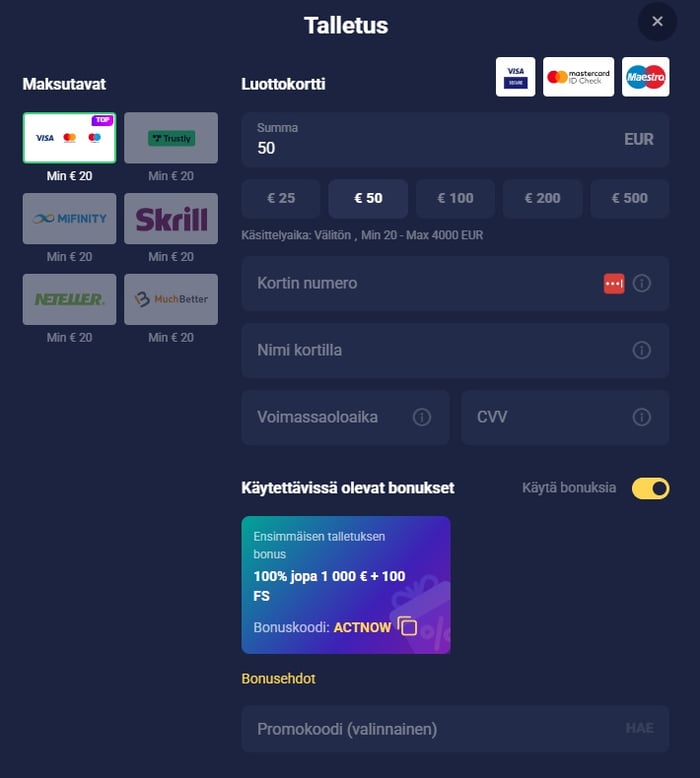 Joo Casino talletus tapahtuu esimerkiksi Visalla, Trustlylla, MiFInitylla, Skrillilla, Netellerilla tai MuchBetterilla. 