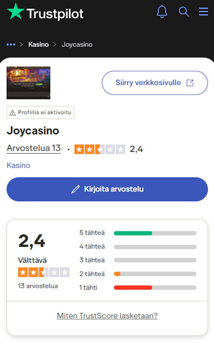 Yhteenveto Joy Casinon Trustpilot-arvosteluista.