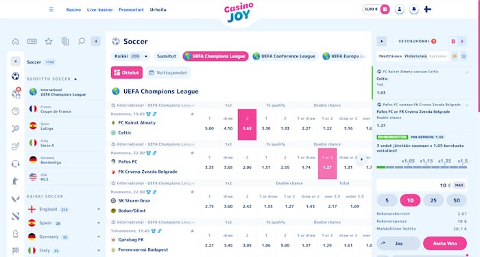 Casino Joy vedonlyönti onnistuu tietokoneella ja puhelimella - useita kohteita.