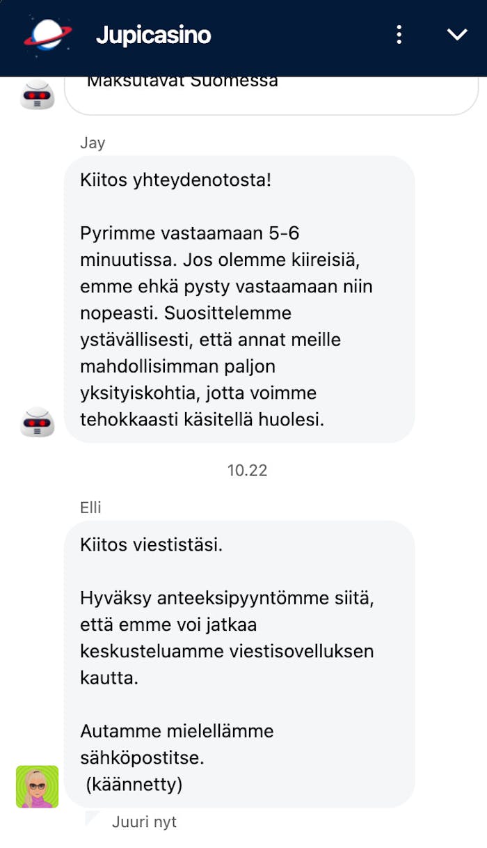 Testasin asiakaspalvelua Jupi Casinon live-chatissa