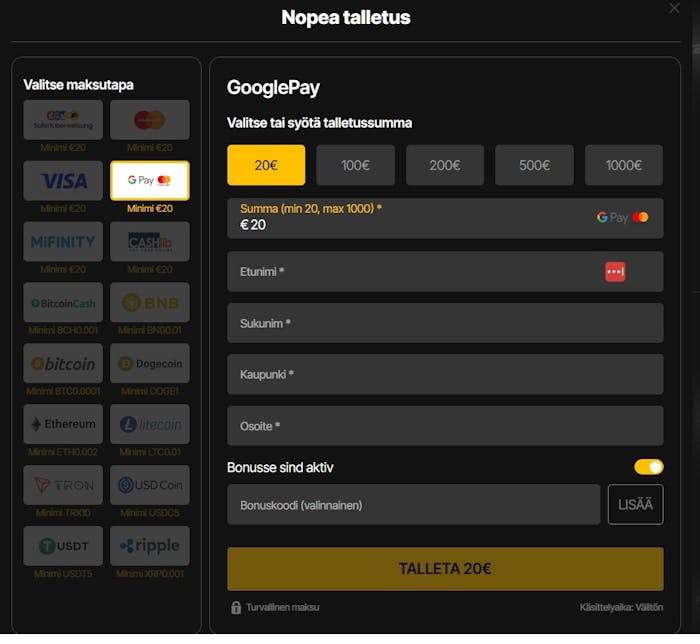 Just Casino talletus tapahtuu Google Payn kautta, minimisumma 20 euroa.