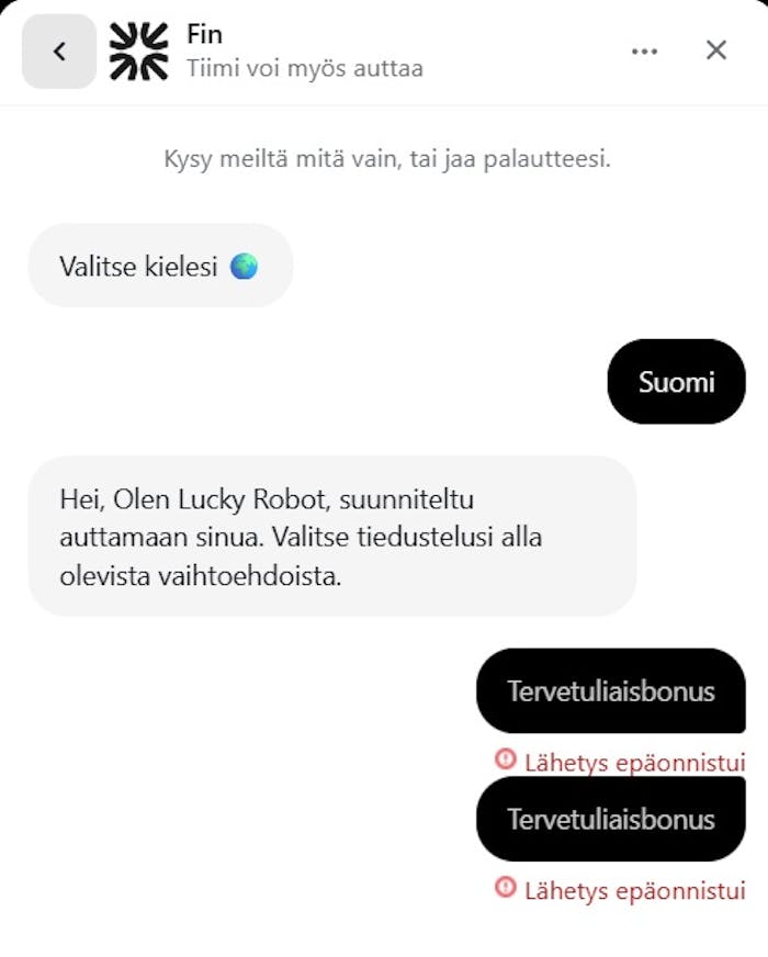 Ep?onnistunut Just Casino live chat keskustelu botin kanssa.
