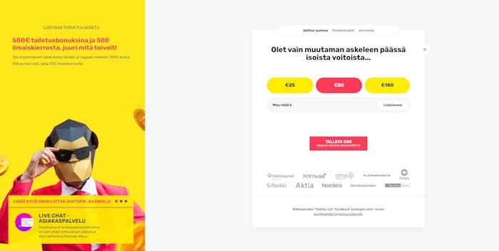 justspin ilmoittautumissivu