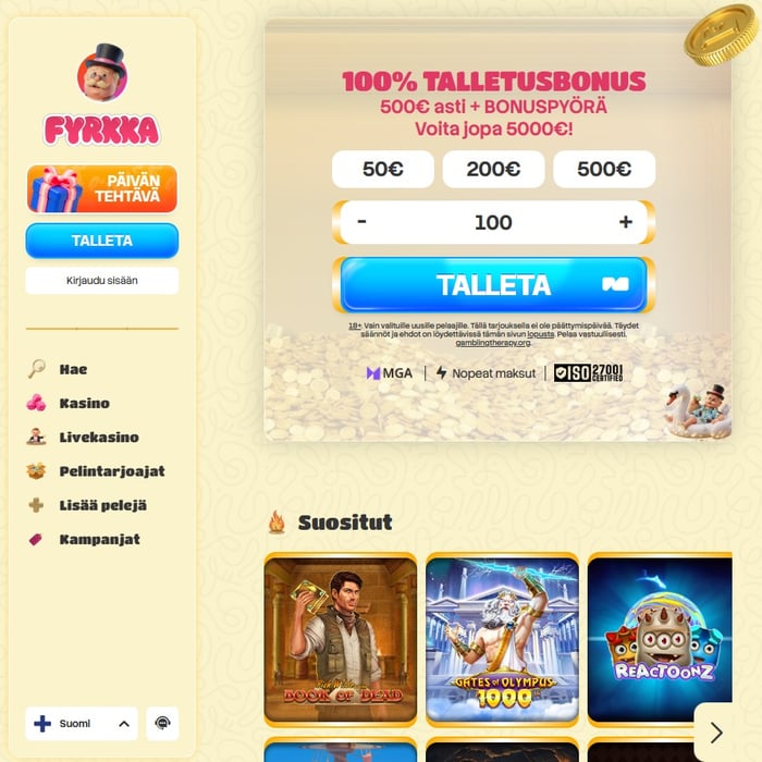 Fyrkka Kasinon etusivun näkymä, jossa näkyy tervetuliaisbonus sekä suosittuja kasinopelejä.