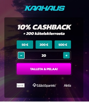 Kaahaus-kasinon talletuslomake, jossa tarjouksena 10% cashback ja 200 käteiskierrosta sekä 'Talleta & Pelaa!' -painike.